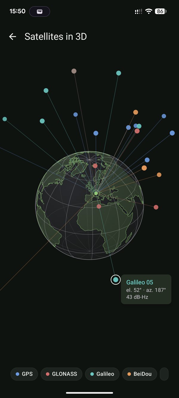 3D globe of the GNSS satellites in view in CairnGPS