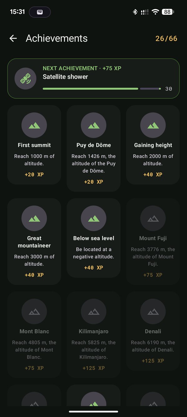 CairnGPS Achievements screen: next achievement and altitude achievements to unlock
