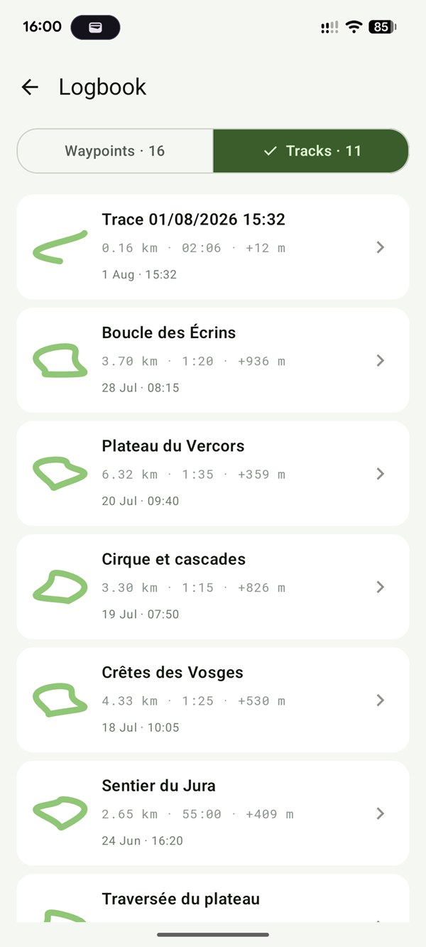 CairnGPS logbook: list of recorded hiking tracks