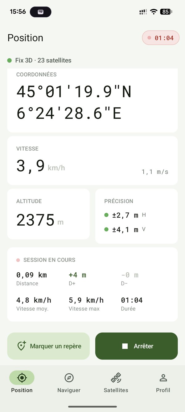 Écran Position de CairnGPS : coordonnées GPS, vitesse, altitude, précision et enregistrement en cours