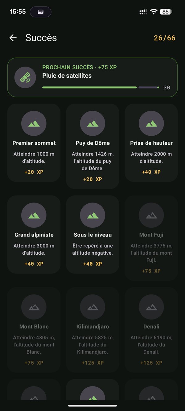 Écran Succès de CairnGPS : prochain succès et succès d’altitude à débloquer