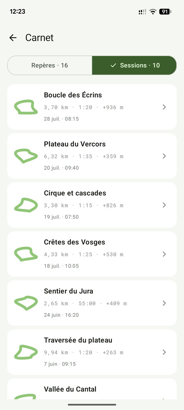 Carnet de route de CairnGPS : liste des traces de randonnée enregistrées